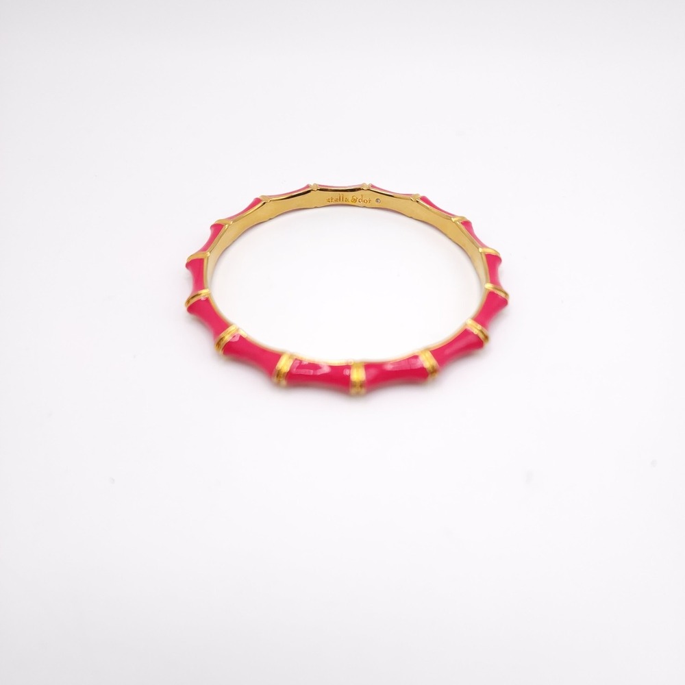 Stella & Dot Julep Bamboo Bangle Bracelets Pink Cream Enamel Gold Tone Set 2 - Picture 6 of 10